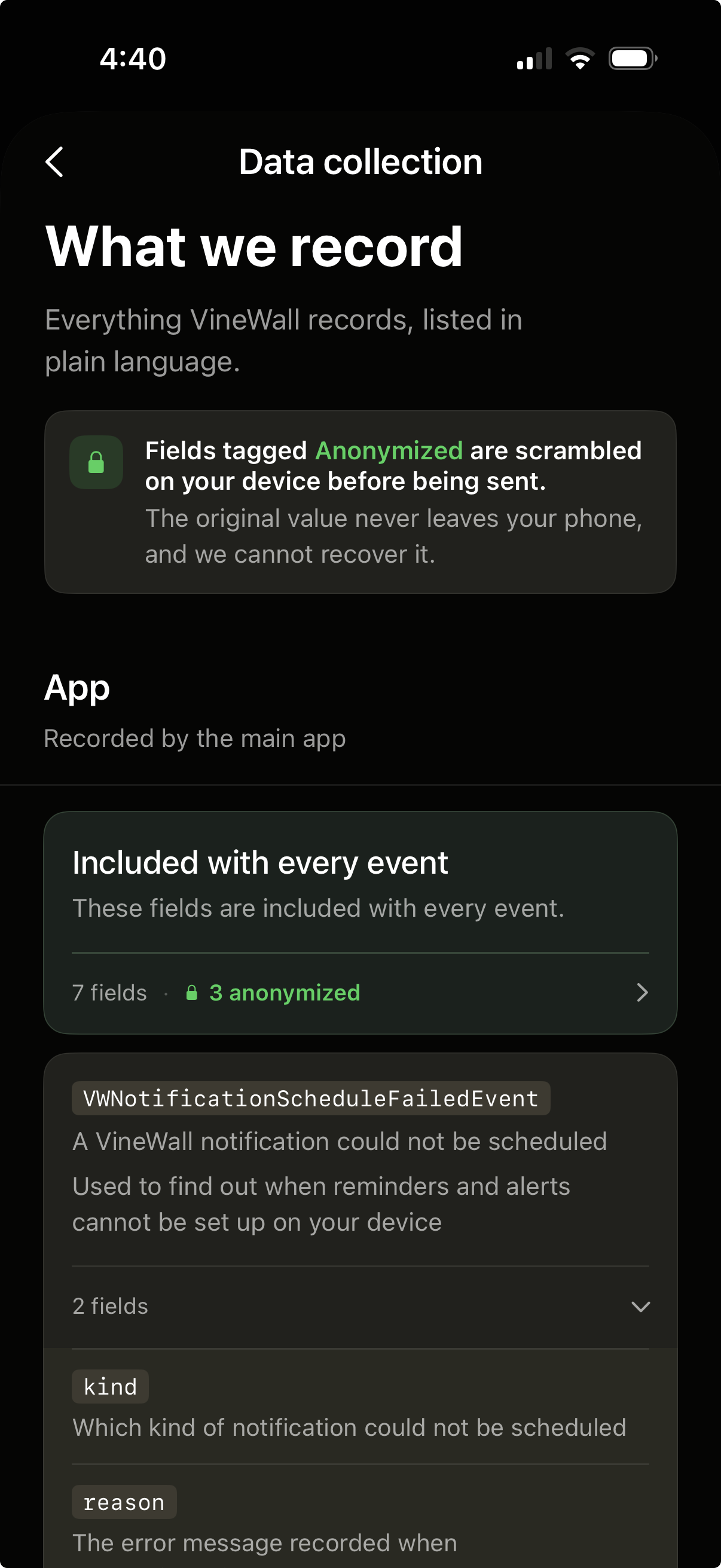 VineWall's data collection screen showing 'What we record' with a list of fields, each with a plain-language description and the reason it is collected.